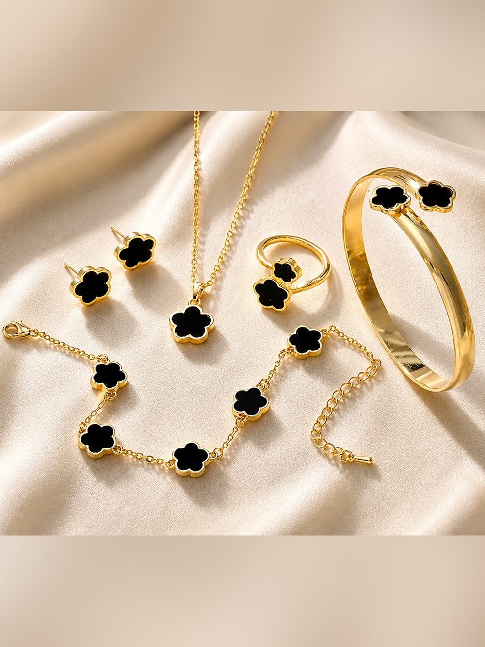 Black Clover Inspired Jewelry Set Necklace Bracelet Ring Earrings Gold Tone